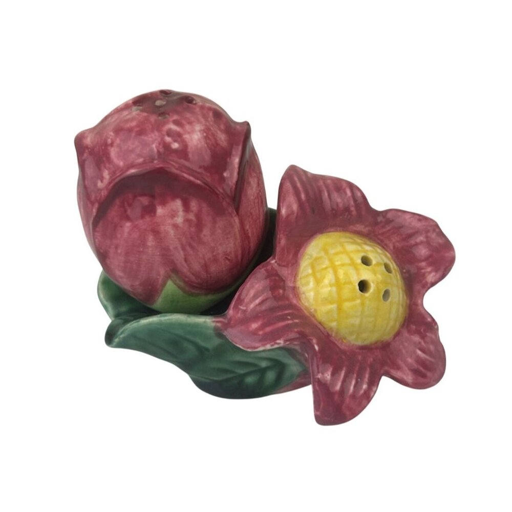 Made in Japan Tulip & Flower Ceramic Salt & Pepper Shaker Set Pink Yellow READ